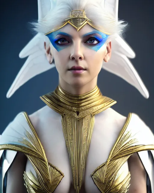 Image similar to perfect white haired egyptian goddess wearing white dove wings, warframe armor, regal, attractive, ornate, sultry, beautiful, charlize theron, half asian, pretty face, blue eyes, detailed, scifi platform, 4 k, ultra realistic, epic lighting, cinematic, masterpiece, art by akihito tsukushi, voidstar, trending on artstation