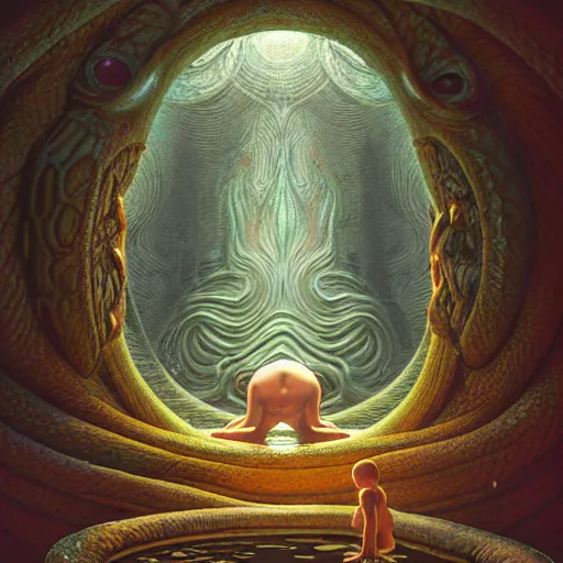 Image similar to hyperreal ultra detailed hypnagogic recollections from the waters of the unconscious, a 3 d psychopomp watching on, a man's face, a mirror, a doorway threshold, a huge snake, smooth, sharp focus, global illumination, ornate, art by shaun tan and daniel merriam and dan mumford octane render