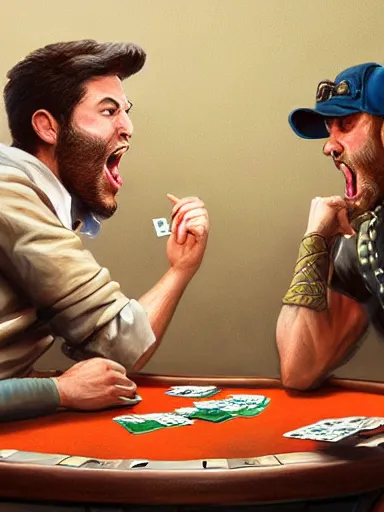 Image similar to guys yelling during a poker match. angry, intricate, elegant, highly detailed, digital painting, artstation, concept art, sharp focus, illustration, by justin gerard and artgerm, 8 k