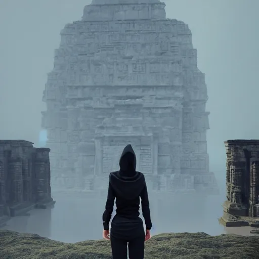 Image similar to high - tech space cult woman with hoodie looking at floating islands while standing on ruins of ancient temple, foggy of a ancient temple in temple dramatic lighting, epic, octane render, volumetric light, unreal engine, artbreeder, 8 k, background, scene