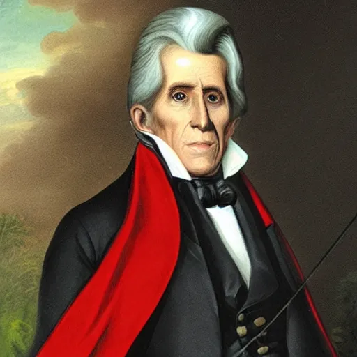 Prompt: presidential portrait of andrew jackson as a vampire, with long canine teeth, and a high - collared cape