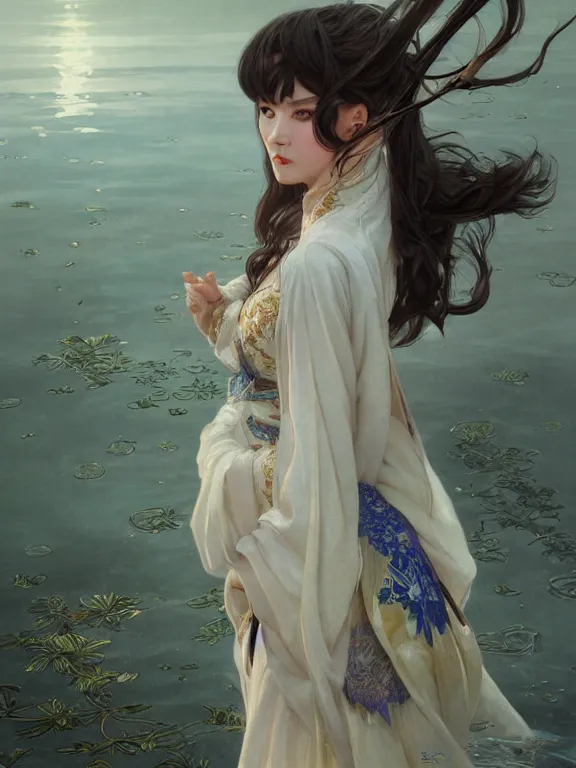 Image similar to portrait of a beautiful seductive slightly plump european girl wearing hanfu walking on water, farm background, fantasy, d & d, dark eyeliner, intricate, elegant, highly detailed, digital painting, artstation, concept art, matte, sharp focus, illustration, art by greg rutkowski and alphonse mucha
