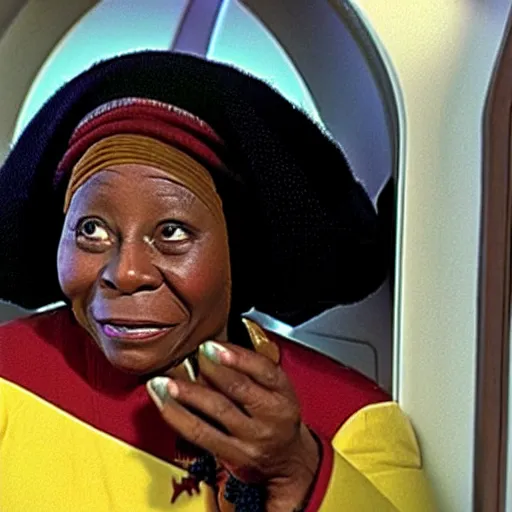 Prompt: guinan from star trek wearing random kitchen tools on her head on the starship enterprise, no hair, played by a middle aged whoopi goldberg