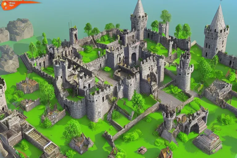 Prompt: 3 d medieval castle in a jungle with towers, 3 d, isometric, indie game