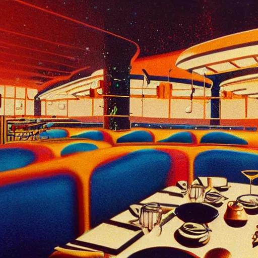 Prompt: interior view of the restaurant at the end of the universe, fine dining, by Chris Foss