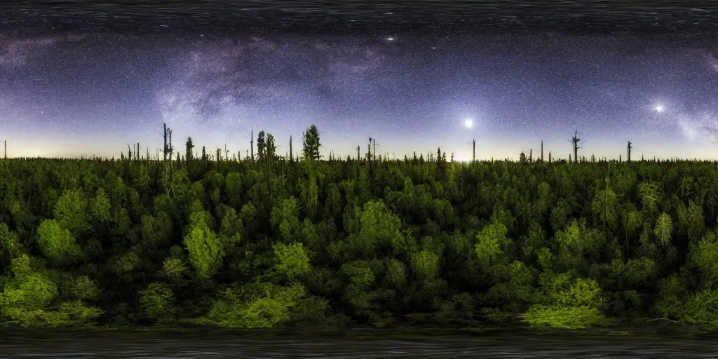 Prompt: a big industrial city metropoli in the distance, cloudy dark sky, it's late at night the moon and the milky way shine, a forest in the foreground, 3 6 0 render panorama, equirectangular projection, seamless
