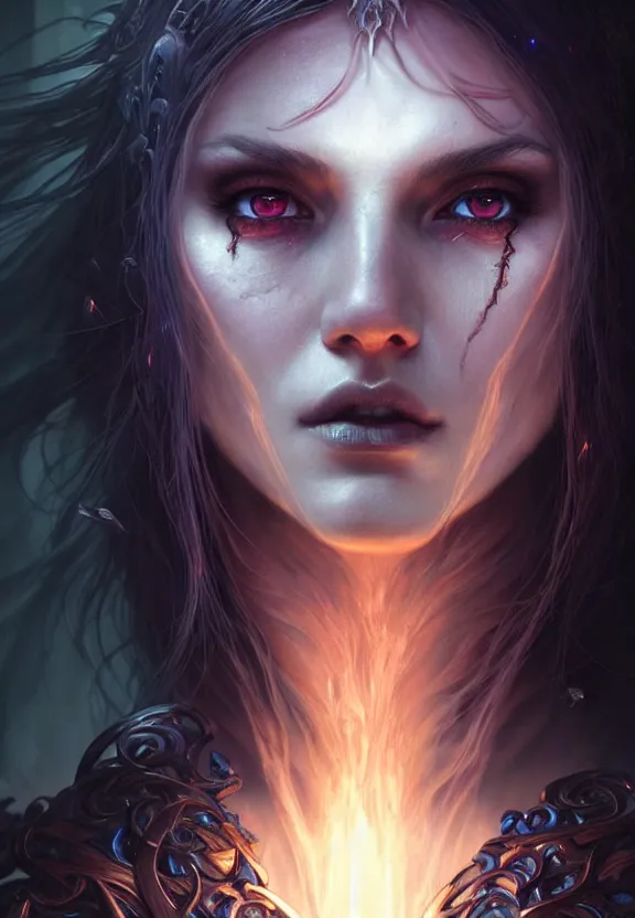 Image similar to Necromancer Sorceress face close-up macro in center, fantasy magic, undercut hairstyle, dark light night, intricate, elegant, sharp focus, illustration, highly detailed, digital painting, concept art, matte, art by WLOP and Artgerm and Greg Rutkowski and Alphonse Mucha, masterpiece