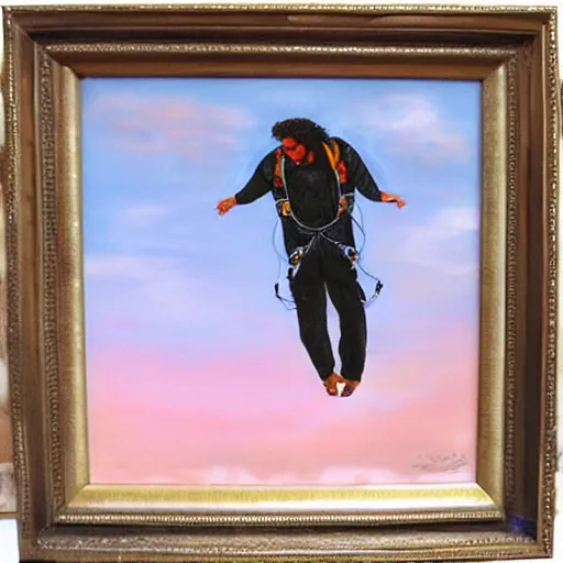 Image similar to arab man with long curly hair skydiving, pastel colors, oil painting, dreamy