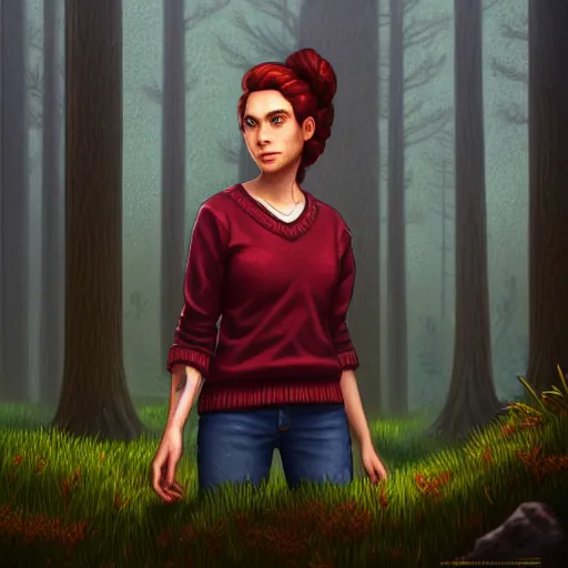 Prompt: an insanely detailed realistic depiction of beautiful jodi from stardew valley standing in the rainy forest wearing burgundy sweater, auburn hair, pretty brown eyes, french braid, in the style of peter mohrbacher, artgerm, dramatic lighting and composition, octane render, trending on artstation, concept art 8 k