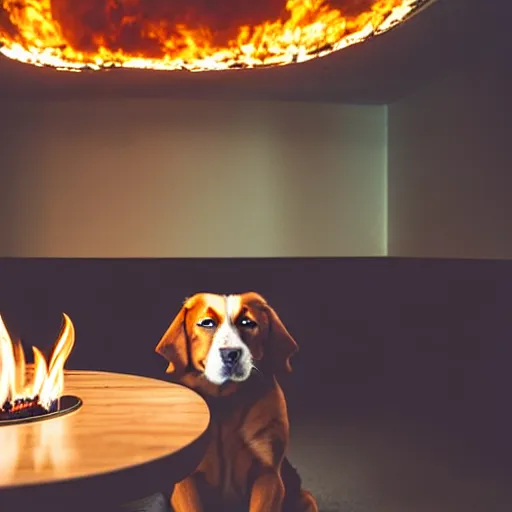 Image similar to a photograph of an humanlike relaxed dog in his house, sitting at a table, ☕ on the table, room is on fire, surrounded by flames, a lot of flames, smoke under the ceiling