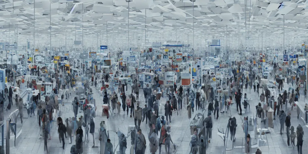 Prompt: realistic cinematic views of a Orwellian and dystopian ikea shopping experience, hyper detailed, terror glows, hyper realistic, digital painting, 8k, 35mm film grain, octane render