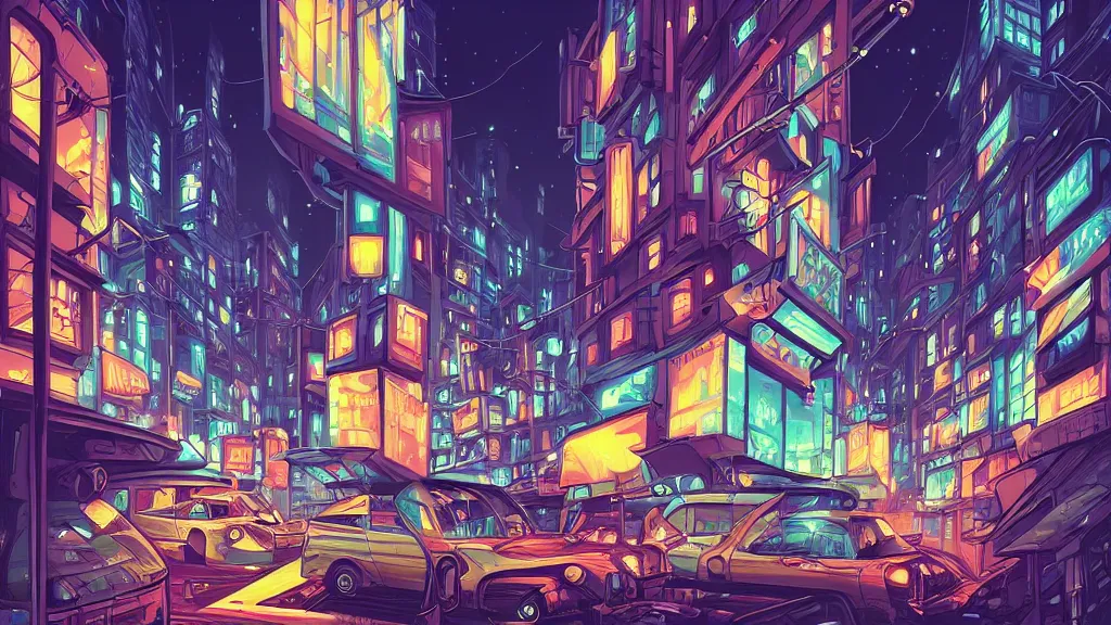 Prompt: street view of the city at night by cyril rolando and naomi okubo and dan mumford and zaha hadid. robots. flying cars. advertisements. neon. night train.