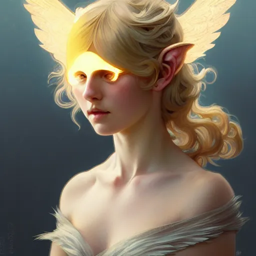 Image similar to Portrait of a girl angel with blonde hair, cat ears, glowing halo, wings, fantasy, intricate, elegant, highly detailed, digital painting, artstation, concept art, smooth, sharp focus, illustration, art by Krenz Cushart and Artem Demura and alphonse mucha