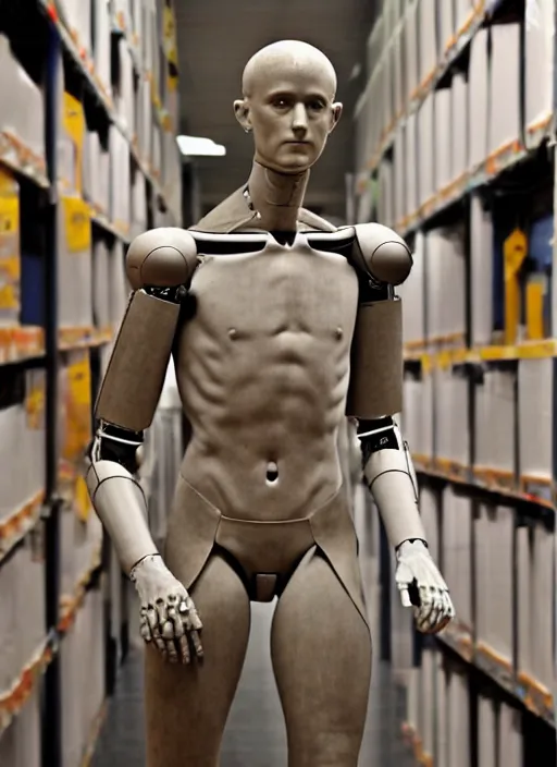 Image similar to a humanoid robot with an adult male human looking face is the statue david by michelangelo, polaroid, flash photography, photo taken in a back storage room where you can see empty shelves in the background,