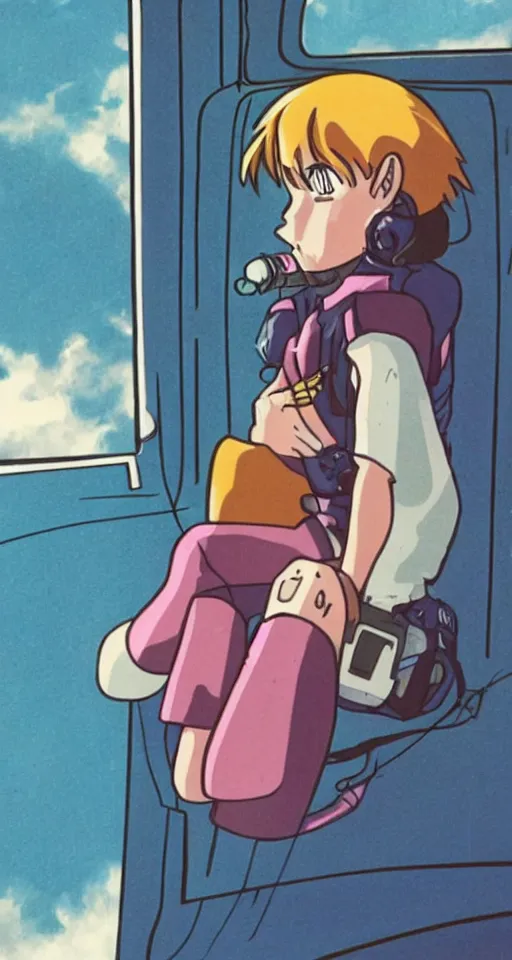 Prompt: a young cowgirl in space smoking a cigarette while looking out the window of her spaceship, sad and introspective, 9 0 s anime style