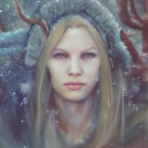 Image similar to ‘ icewind dale ’ themed ‘ icewind dale 2 ’ portrait by ‘ justin sweet ’, falling snow, soft focus, oil paint,