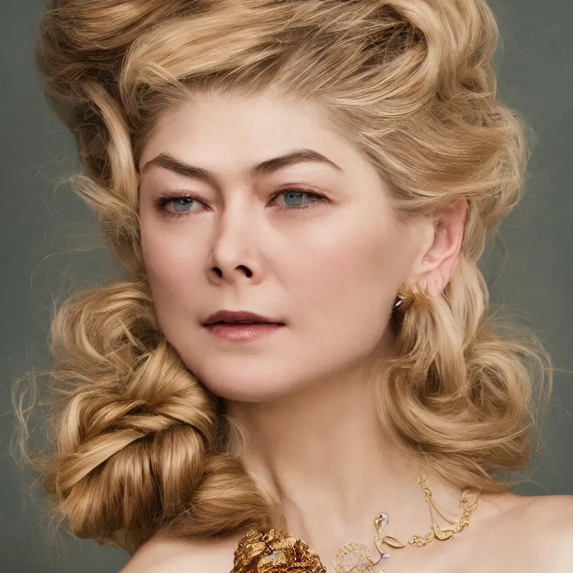 Image similar to gorgeously dreamlike beautiful face Rosamund Pike, hair updo, balayage, natural make-up, luxurious ornate golden jewelry, earrings, low cut dress, dynamic lighting, award winning photo shoot, intricately detailed, glimmering, shining, photo realistic, cinematic, volumetric lighting, fashion portrait, 8K UHD