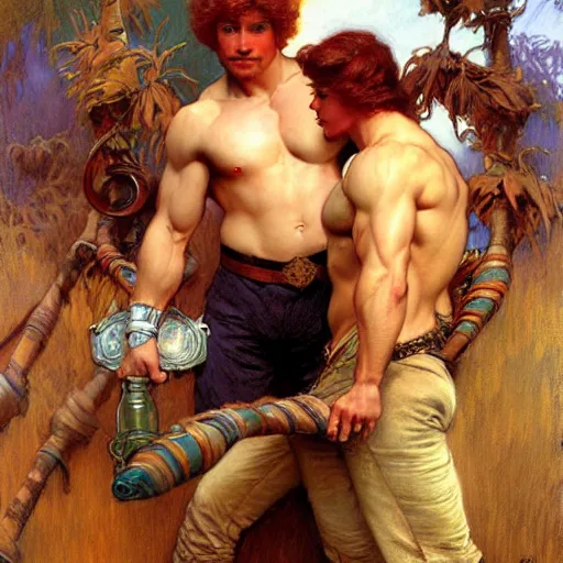 Image similar to attractive muscular mike with ginger hair and muscular attractive ty with brunet hair, drinking their hearts out, boys night out. highly detailed painting by gaston bussiere, craig mullins, j. c. leyendecker, alphonse mucha 8 k