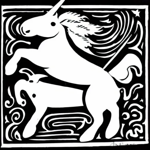 Image similar to black and white flying pig with unicorn horn and white wings woodcut