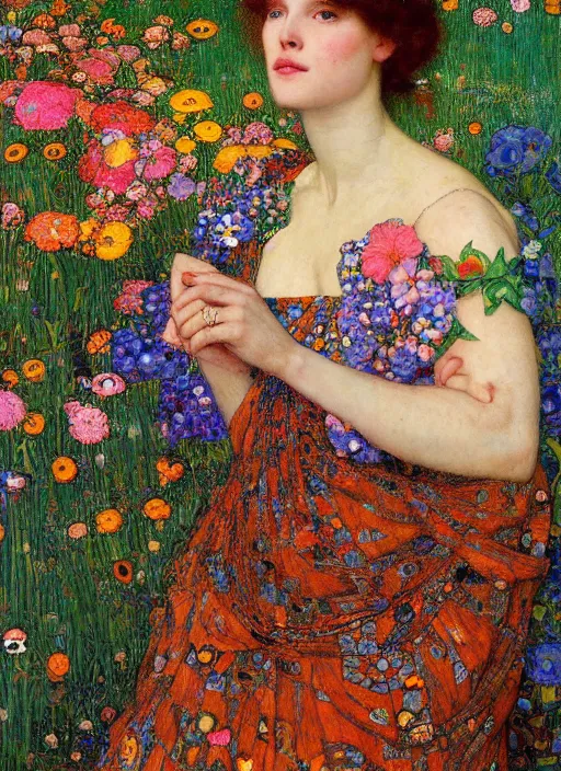 Image similar to a beautiful woman in a colorful dress surrounded by colorful patterns and flowers by john william waterhouse and gustave klimt and and edgar maxence and michael whelan, artistic, intricate realistic fantasy, extremely detailed and beautiful face, 8 k resolution, dramatic lighting