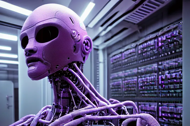 Image similar to hyperrealistic medium shot robot cyborg in wires data center server! by stanley kubrick highly detailed concept art zdzisław beksinski william gibson westworld hbo cinematic low purple lighting high angle hd 8 k sharp shallow depth of field