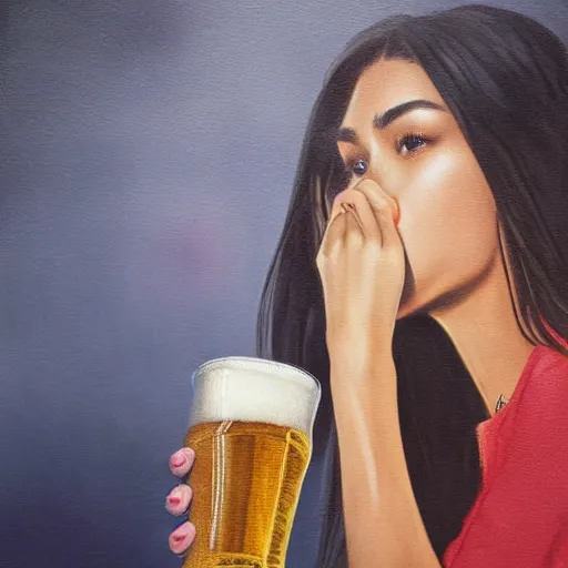 Image similar to 4k,ultra detailed portrait of Madison Beer drinking beer at the parking lot by Rachel Ruysch