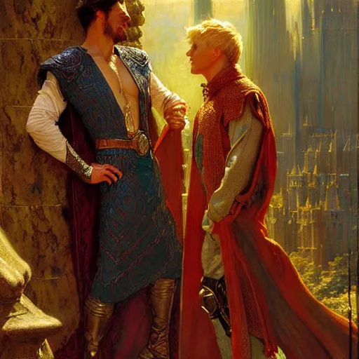 Image similar to handsome arthur pendragon in love with handsome merlin the mage. highly detailed painting by gaston bussiere, craig mullins, j. c. leyendecker