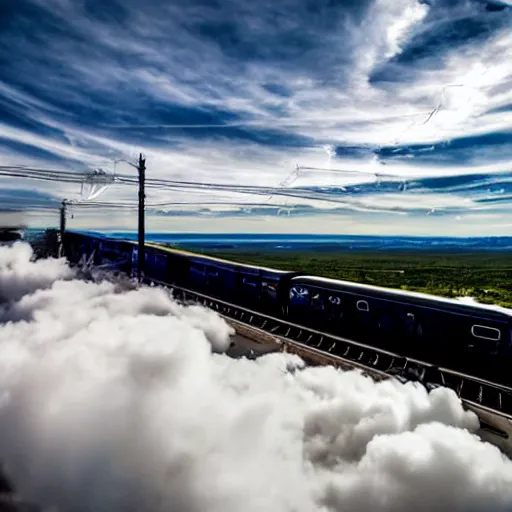 Prompt: train on sky flying through rails made out of clouds