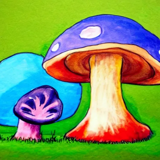 Image similar to a children painting of a cute creature sitting next to a mushroom, detailed, realistic