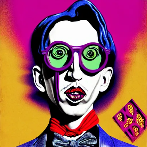 Image similar to graphic illustration, creative design, willy wonka with marilyn manson, biopunk, francis bacon, highly detailed, hunter s thompson, concept art