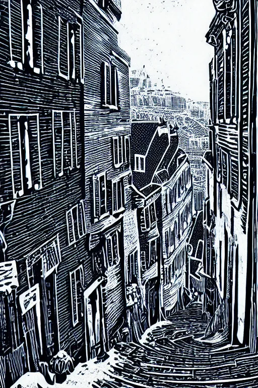 Prompt: a beautiful linocut print of montmartre, 8 k, frostbite 3 engine, cryengine, dof, trending on artstation, digital art, crepuscular ray, art by fossi _ images and tugboat printshop