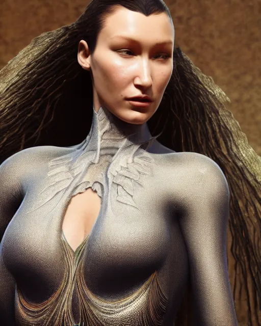 Prompt: a highly detailed metahuman 8 k close up render of bella hadid as alex grey art renaissance in iris van herpen dress trending on artstation made in unreal engine 4