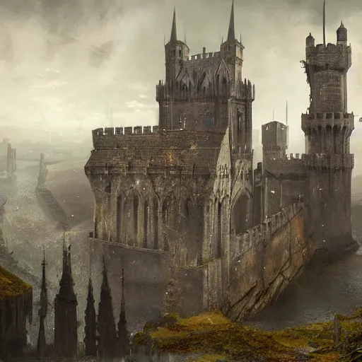 Image similar to a lonely and impossibly tall ominous gothic dark citadel tower of the evil patriarch, battlements, castle wall, portcullis, in a river elevated high above the city, flintlock fantasy capital city, scary gothic architecture, ultrawide lense, aerial photography, unreal engine, exquisite detail, 8 k, art by greg rutkowski and alphonse mucha