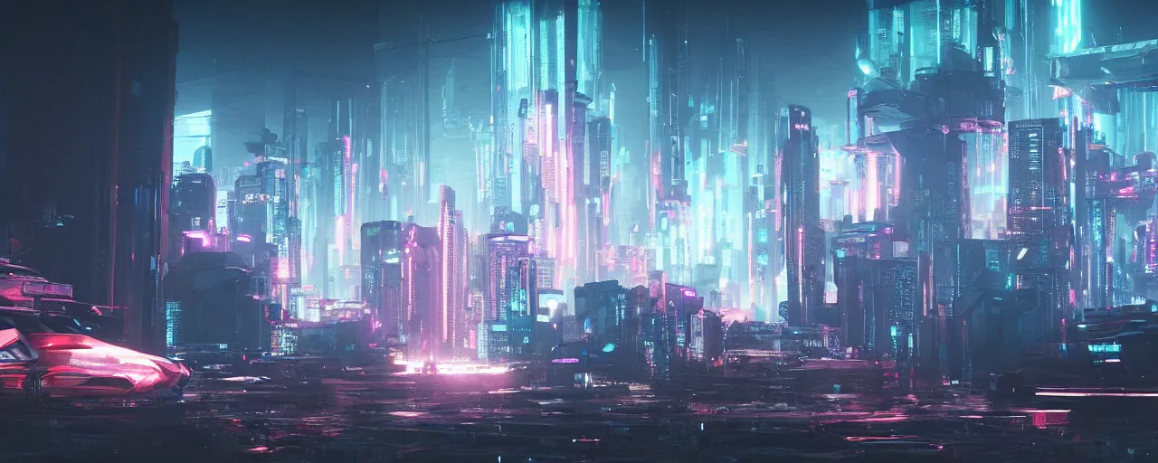 Image similar to Cyberpunk landscape, synth style, realistic, volumetric