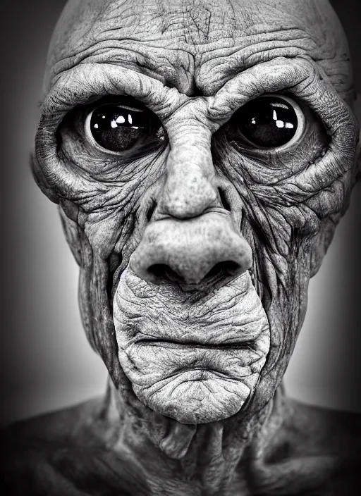 Image similar to A portrait photo of an old cyclope man , high contrast, black and white