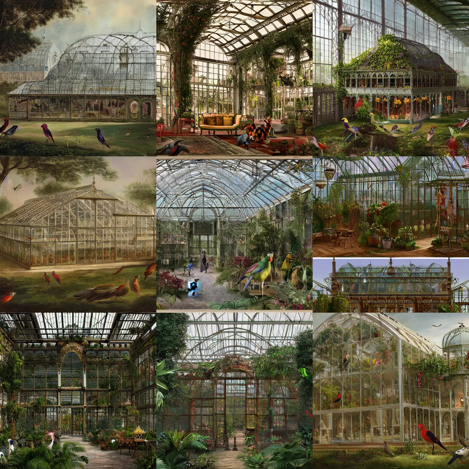 Prompt: enormous greenhouse with exotic birds, fancy furniture, 19th century architecture, digital detailed matte painting