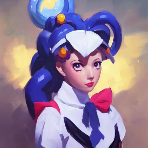 Image similar to greg manchess portrait painting of sailor moon as overwatch character, medium shot, asymmetrical, profile picture, organic painting, sunny day, matte painting, bold shapes, hard edges, street art, trending on artstation, by huang guangjian and gil elvgren and sachin teng