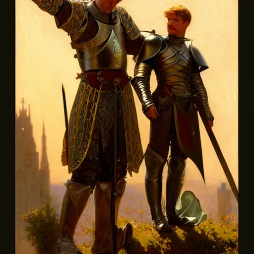 Image similar to attractive arthur pendragon and his attractive male knight, they are in love, natural lighting, path traced, highly detailed, high quality, digital painting, by gaston bussiere, craig mullins, alphonse mucha j. c. leyendecker