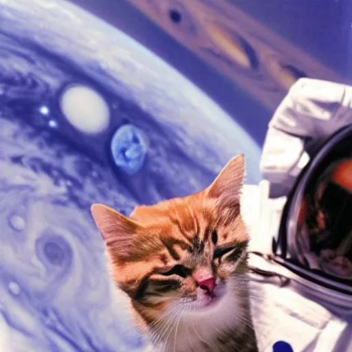 Prompt: cat with astronaut suit flying over the jupiter, photo