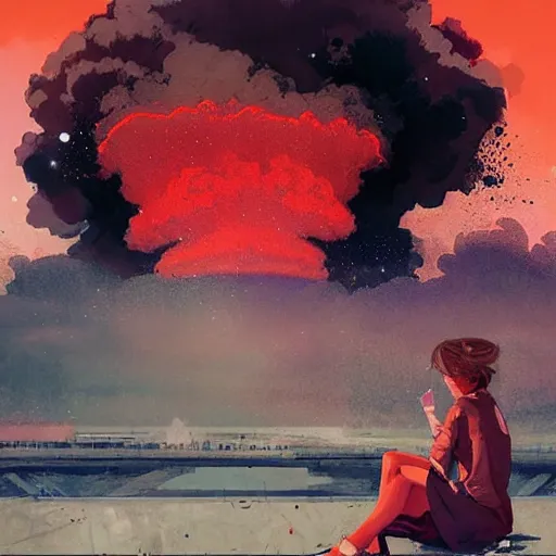 Image similar to girl sitting on a park bench, nuclear explosion in the background, nuclear bomb cloud, by conrad roset, by greg rutkowski, digital art, beautiful face