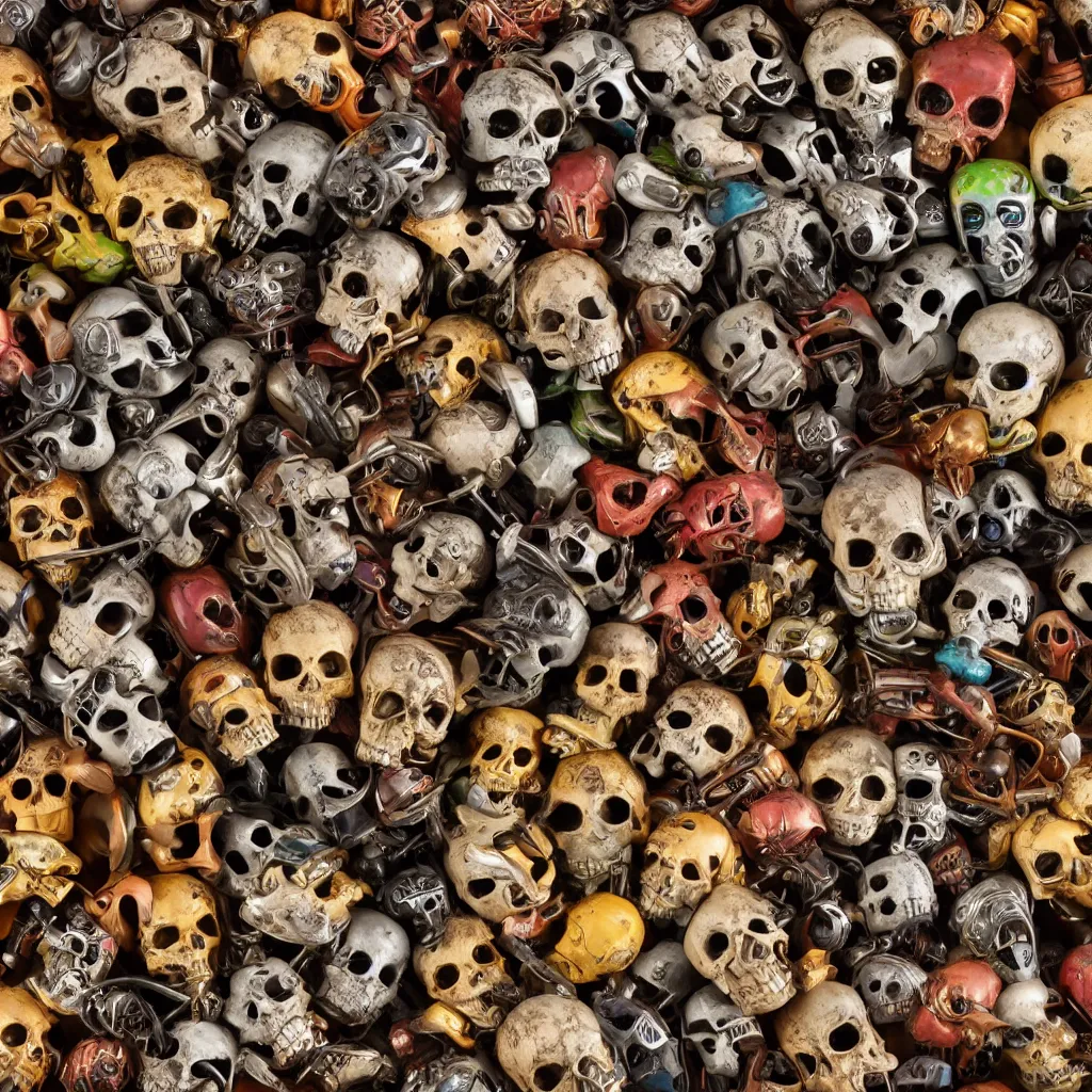 Image similar to a collection of rare large insects and metal skulls, inside different color wooden boxes. top down photo, close macro photo. cinema 4d render , studio photo, 8k