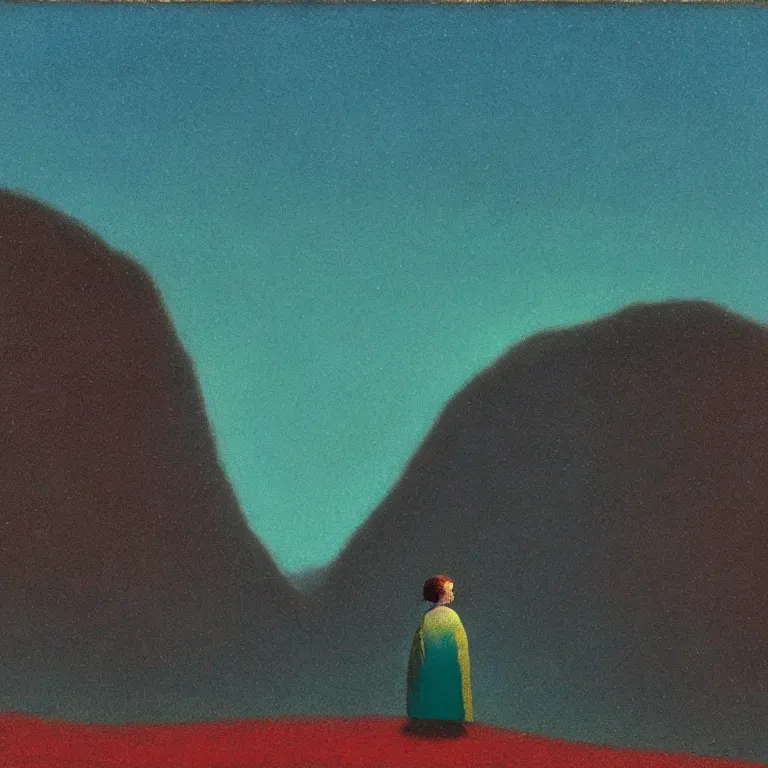 Prompt: a small figure staring at a giant mountain, bell curve, glowing, arkhip kuindzhi painting, teal palette, eschaton