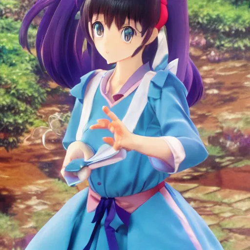 Image similar to Key visual manga book cover portrait of an extremely cute and adorable beautiful anime girl transforming into her magical girl outfit, 3d render diorama by Hayao Miyazaki, official Studio Ghibli still