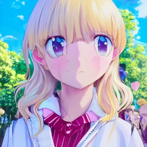 Image similar to blonde - haired princess, anime princess, wearing black jacket and white leggings, looking through crowd, town street, festival street, trees, green trees, blue lighting, blue sunshine, strong lighting, strong shadows, vivid hues, ultra - realistic, sharp details, subsurface scattering, intricate details, hd anime, 2 0 1 9 anime