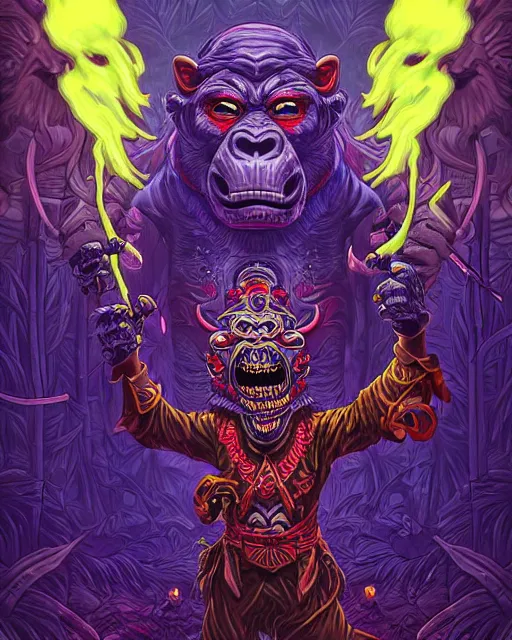 Image similar to barong family member, wiwek, mara demon, music, smoke from eyes, background red smoke with purple lightning, one single tribe member, jungle, one single mask, dark, ancient warrior, gorilla, lizard, inner glow, art by dan mumford and justin gerard