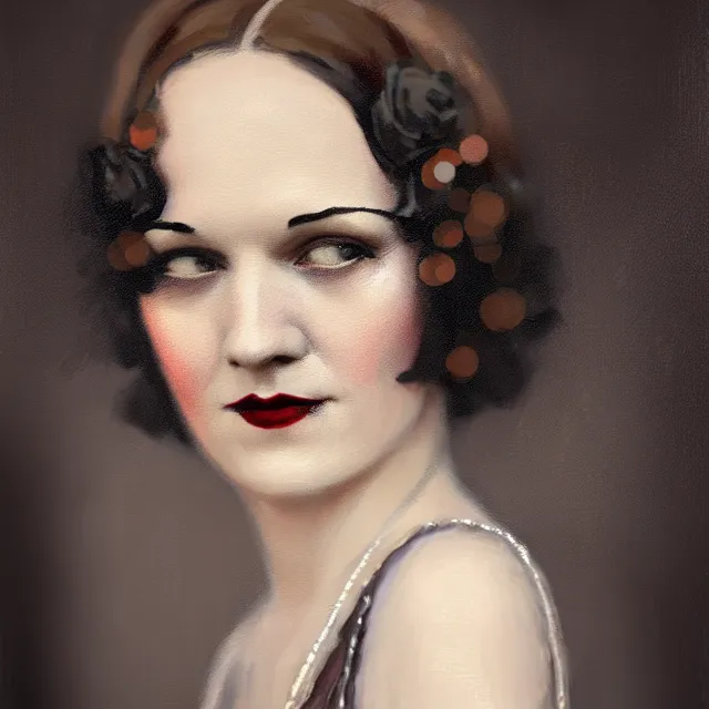 Image similar to a portrait photo of a 1 9 2 0 s woman with a slight smile in a flapper dress, atmospheric lighting, painted, intricate, ultra detailed by leesha hannigan, thierry doizon, kai carpenter, well composed, best on artstation, cgsociety, epic, stunning, gorgeous, intricate detail, wow, masterpiece