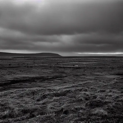 Prompt: a ww 2 photo of a battlefield in iceland. grainy, black and white, overcast sky.