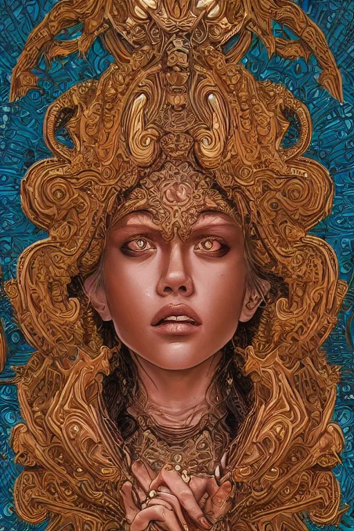 Image similar to skin made of ornate portrait of a wrathful diety teen Jessica Alba, ornate skin, ancient relief carving background, incredible, anime, Digital 2D, animated by Kyoto Animation, Studio Ghibli, Miyazaki, AKIRA art style, by Laurie Greasley, beautiful, gorgeous, dramatic lighting, rule of thirds, perfect composition, trending on ArtStation, 4k, cropped