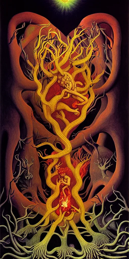 Prompt: mythical creatures and monsters in the visceral anatomical human heart imaginal realm of the collective unconscious, in a dark surreal painting by johfra, mc escher and ronny khalil, dramatic lighting fire glow