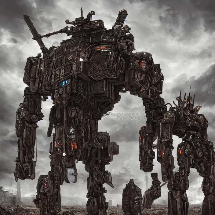 Image similar to human standing next to mech - warrior, hyper - detailed, sharp focus, 4 k ultra hd, fantasy dark art, apocalyptic art